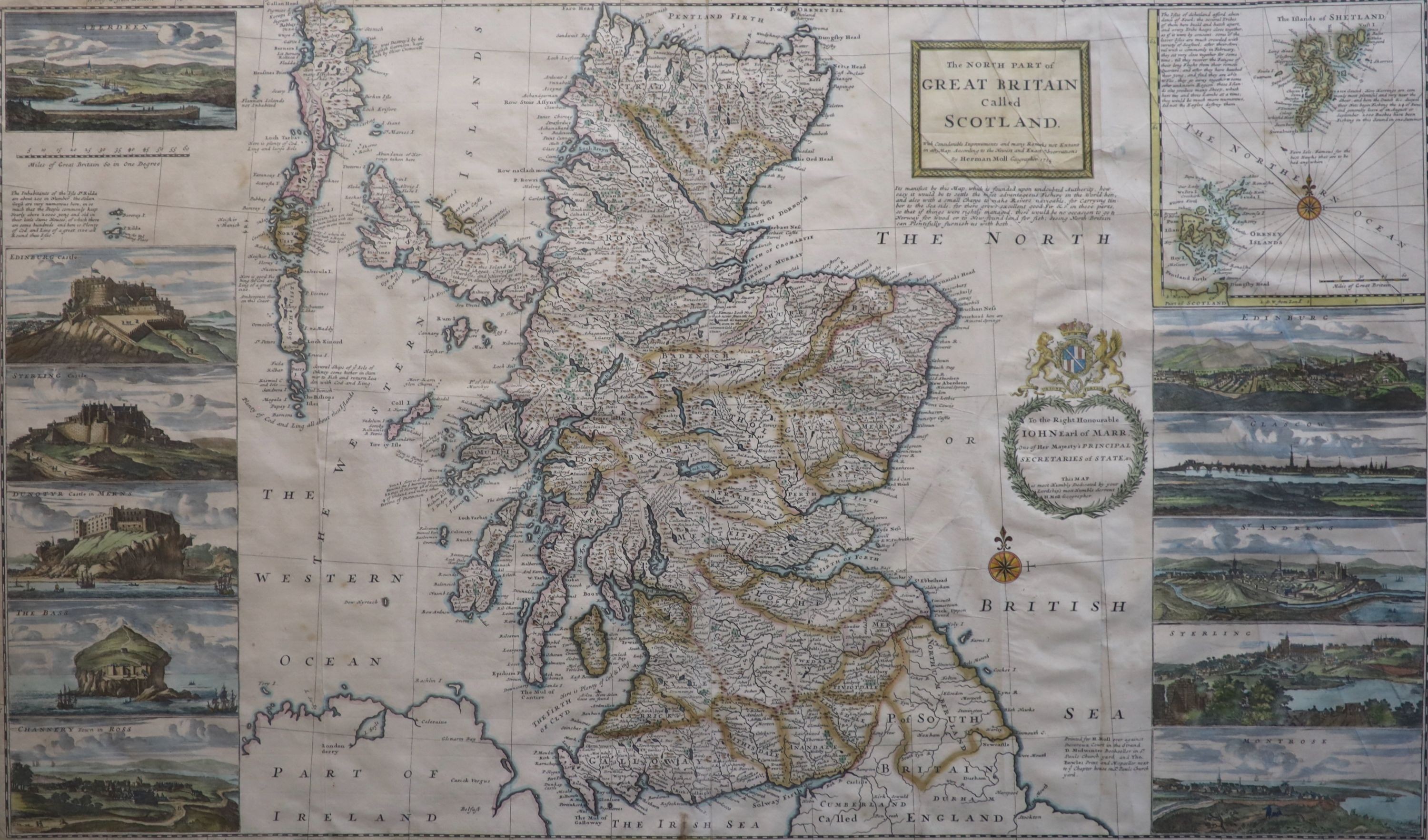 Herman Moll (1654-1732), 'The North Part of Great Britain called Scotland' 1714, coloured engraving, 60.5 x 101cm